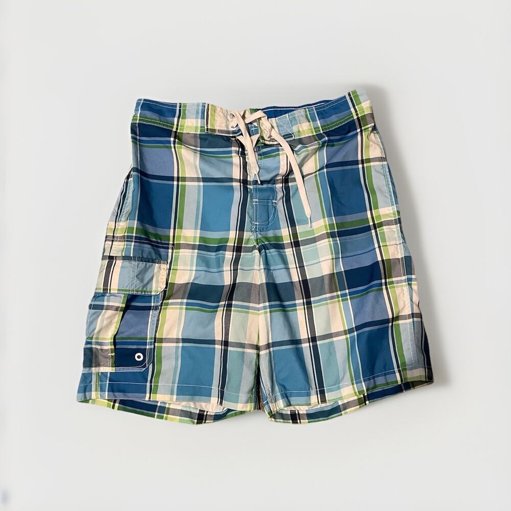 Merona Men's Swim Trunks- Blues, white, green plaid design Y2K Medium32-24